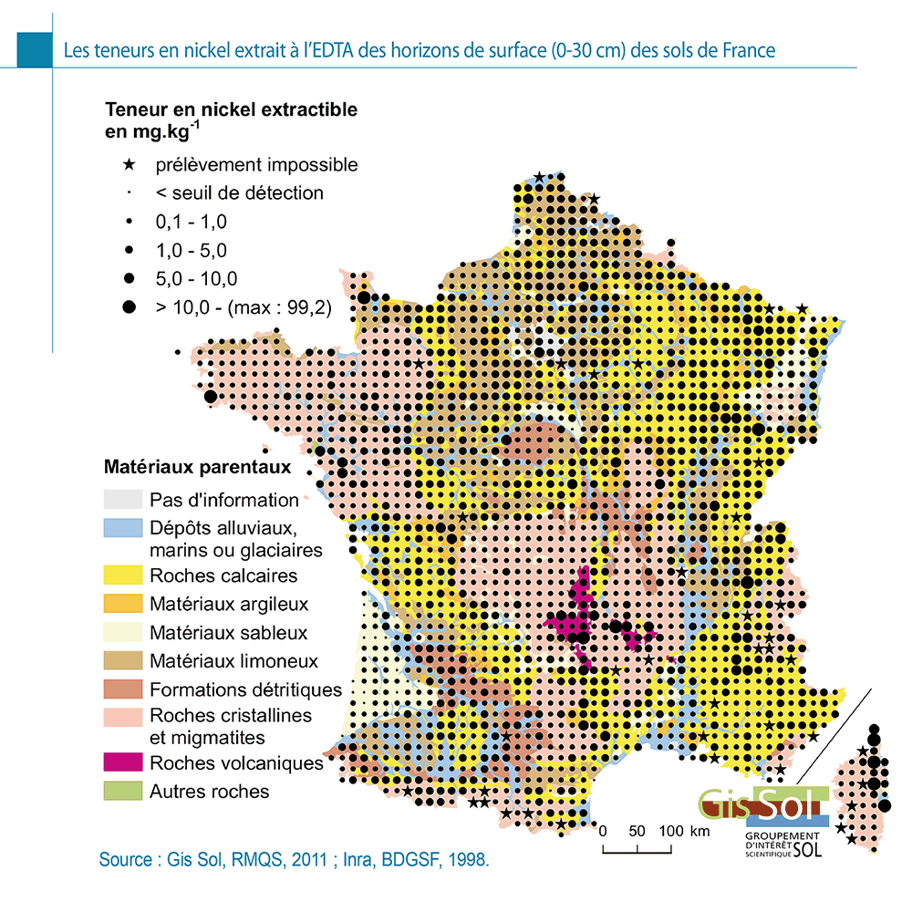 Les teneurs en nickel extrait à l’EDTA des horizons de surface (0-30 cm) des sols de France