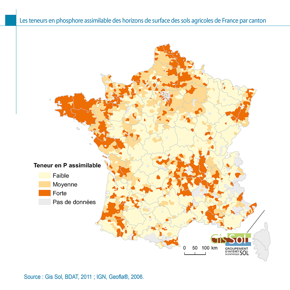 Les teneurs en phosphore assimilable des horizons de surface des sols agricoles de France par canton