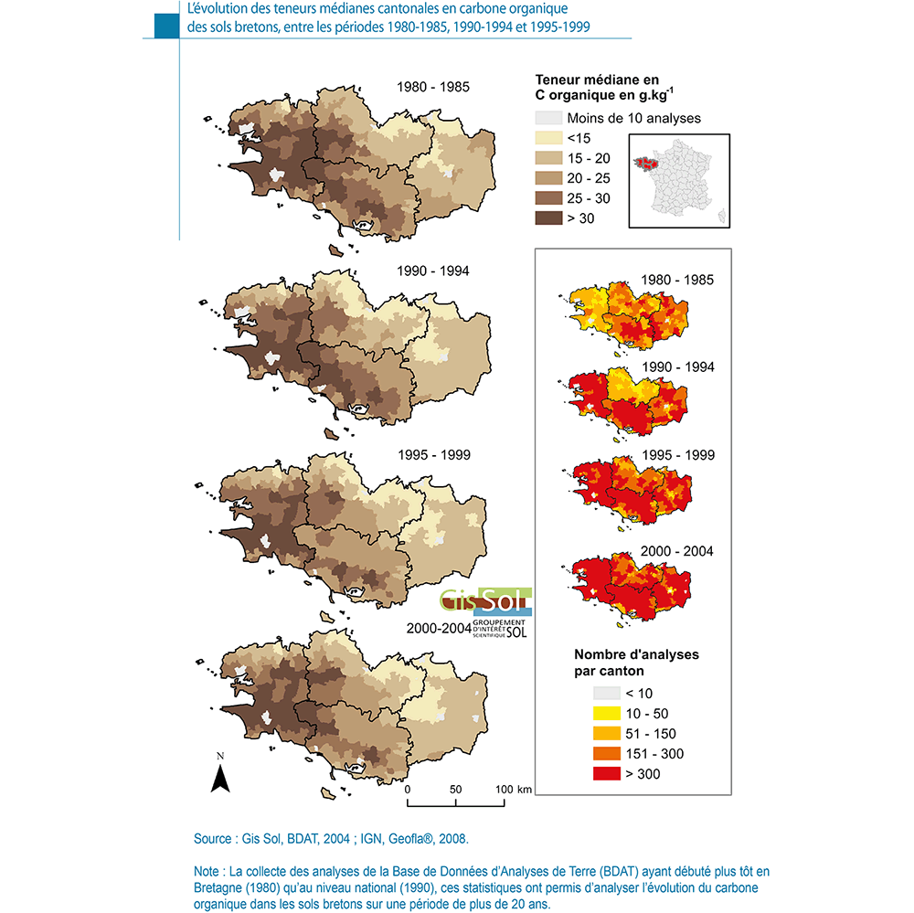 L’évolution des teneurs médianes cantonales en carbone organique des sols bretons, entre les périodes 1980-1985, 1990-1994 et 1995-1999