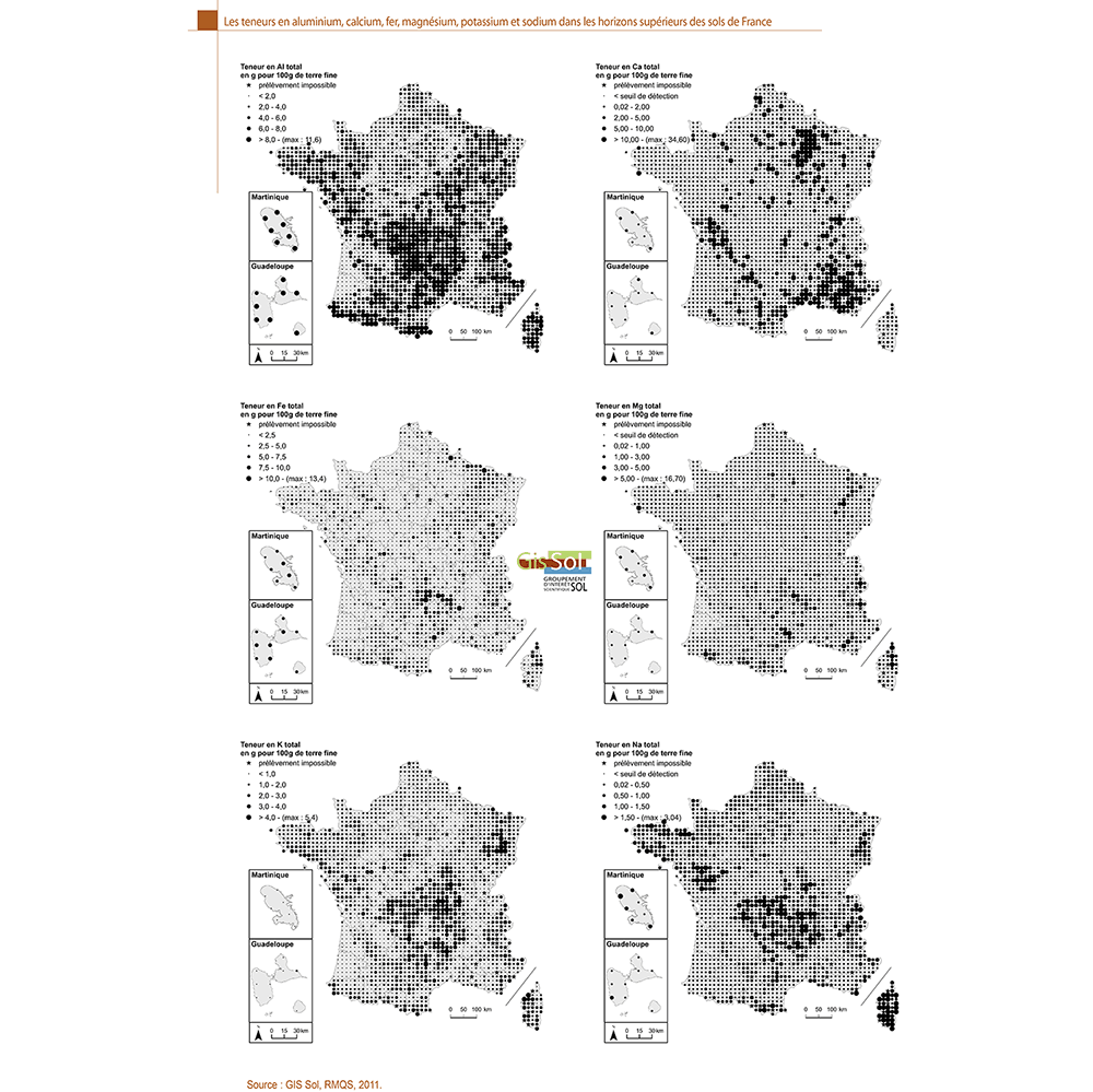 Les teneurs en aluminium, calcium, fer, magnésium, potassium et sodium dans les horizons supérieurs des sols de France