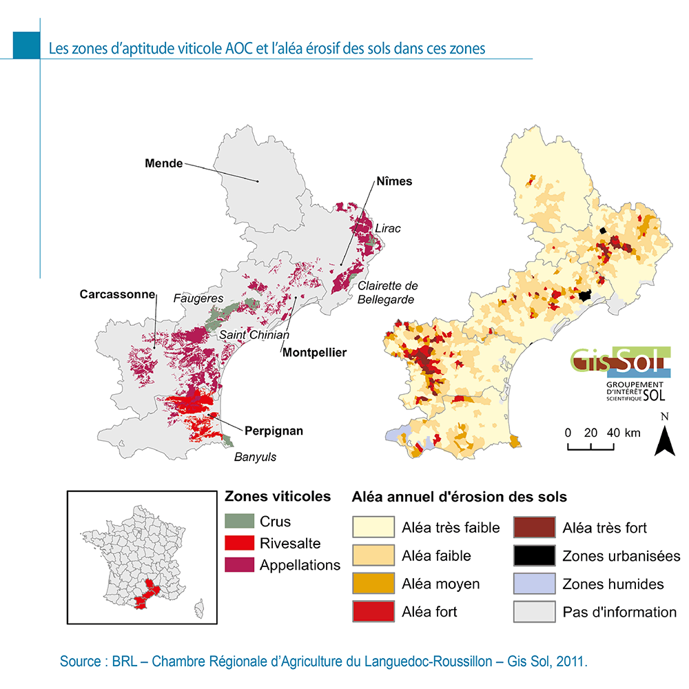 Les zones d’aptitude viticole AOC et l’aléa érosif des sols en région Languedoc-Roussillon