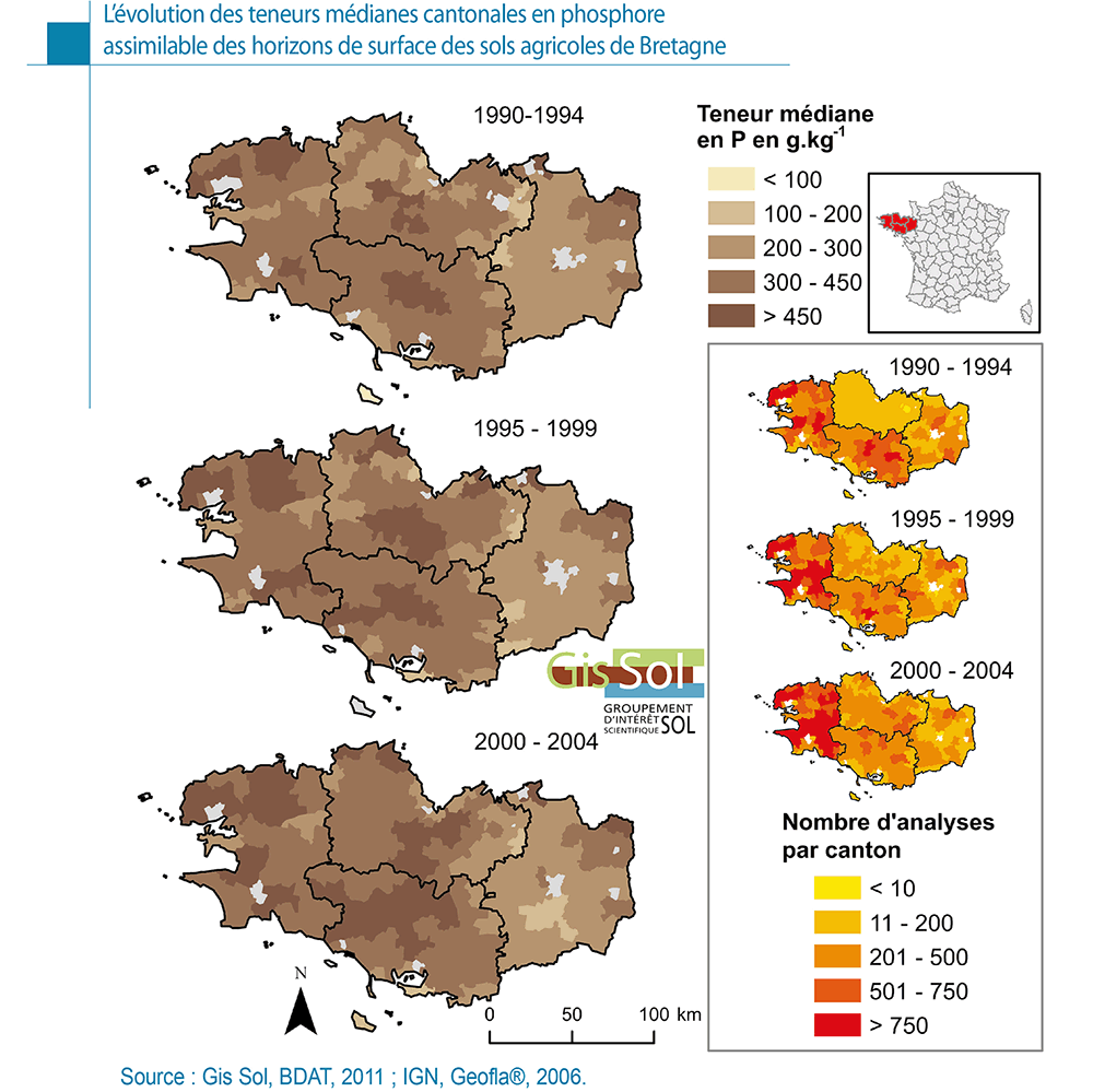 L’évolution des teneurs médianes cantonales en phosphore assimilable des horizons de surface des sols agricoles de Bretagne