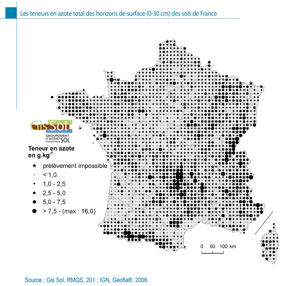 Les teneurs en azote total des horizons de surface (0-30 cm) des sols de France