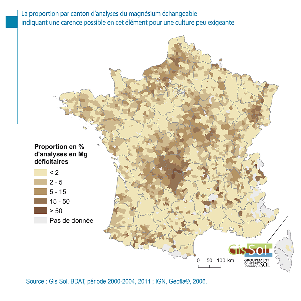 La proportion par canton d’analyses du magnésium échangeable indiquant une carence possible en cet élément pour une culture peu exigeante