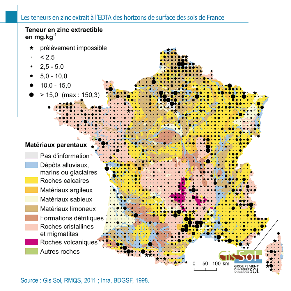Les teneurs en zinc extrait à l’EDTA des horizons de surface des sols de France