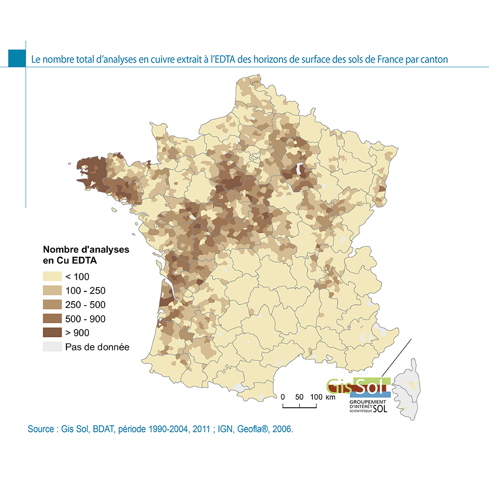 Le nombre total d’analyses en cuivre extrait à l’EDTA des horizons de surface des sols de France par canton