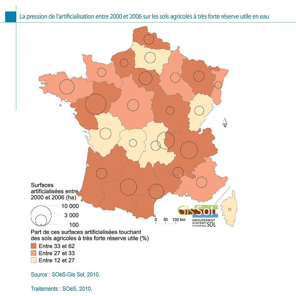La pression de l’artificialisation entre 2000 et 2006 sur les sols agricoles à très forte réserve utile en eau