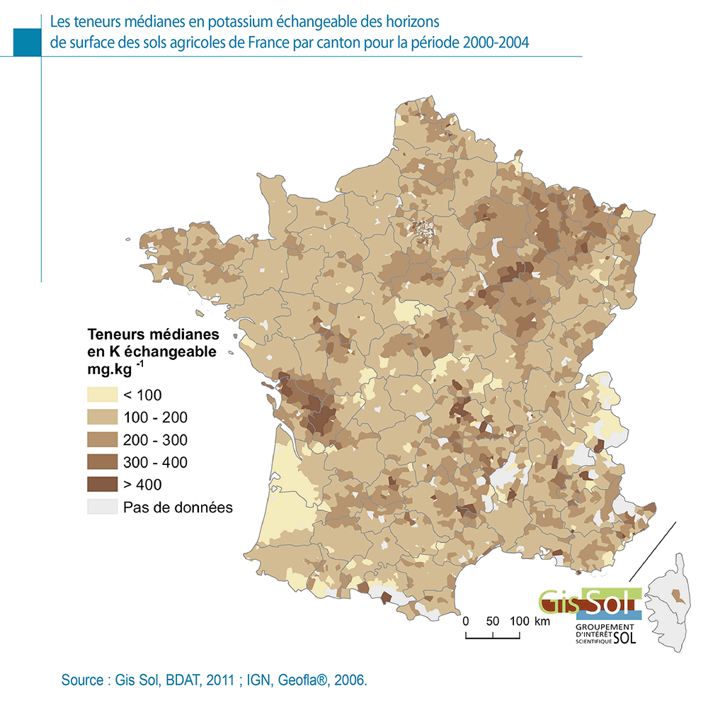 Les teneurs médianes en potassium échangeable des horizons de surface des sols agricoles de France par canton pour la période 2000–2004