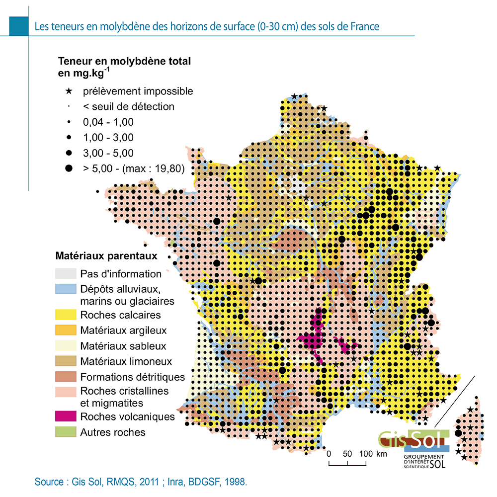 Les teneurs en molybdène des horizons de surface (0-30 cm) des sols de France